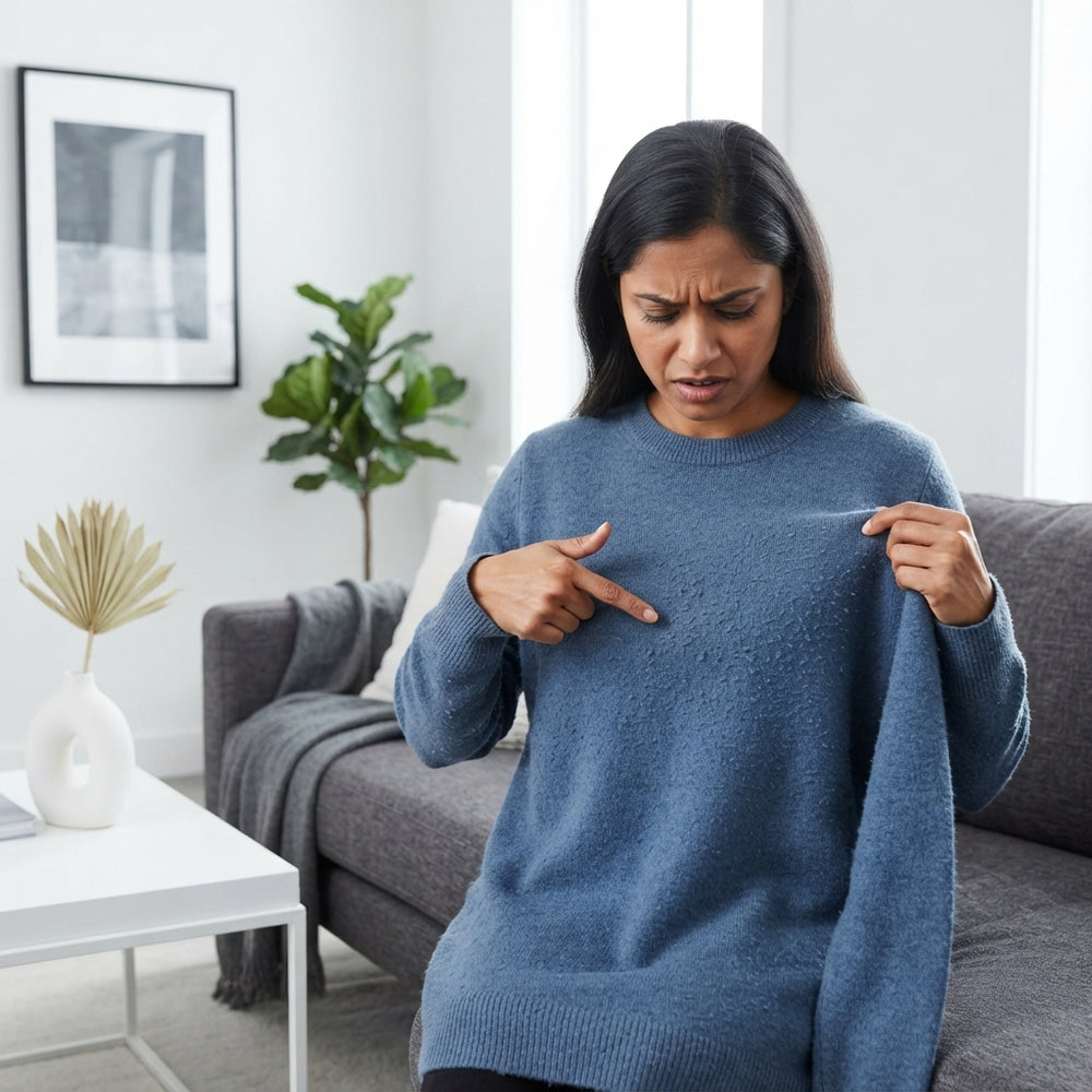 Indian woman looking at pilling on her wool sweater while sitting on a modern charcoal gray sofa.