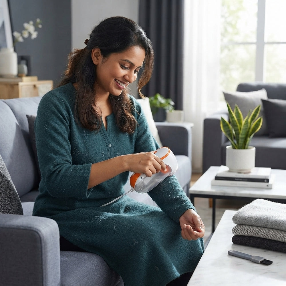 An Indian woman using a handheld fabric shaver to remove lint from a woolen kurta in a modern living room.